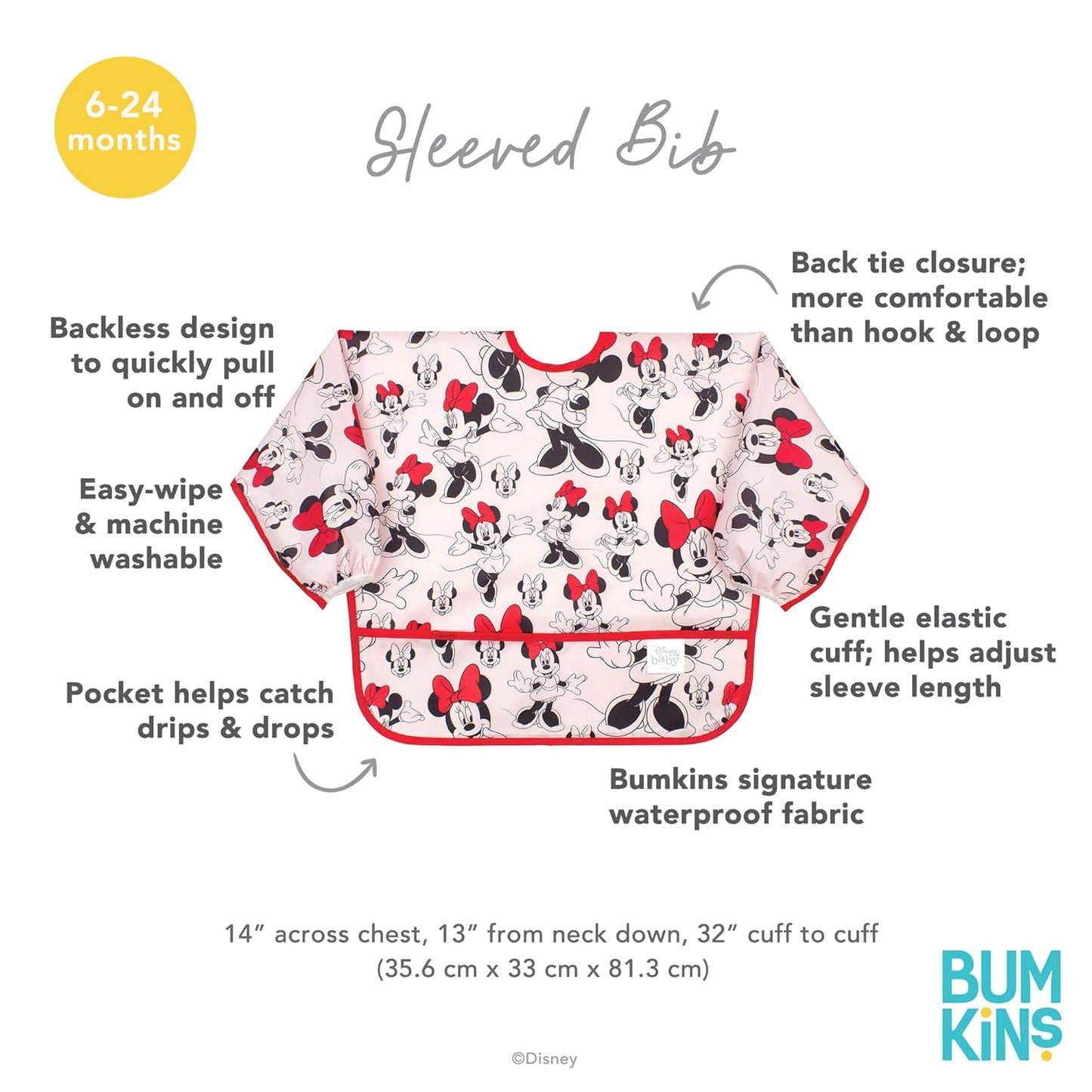 Bumkins Disney Bibs, Baby and Toddler Girls and Boys 6-24 Months, Long Sleeve, Essential Must Have for Eating, Feeding, Mess Saving Lightweight Waterproof Fabric Sleeved Smock, Minnie Mouse Classic