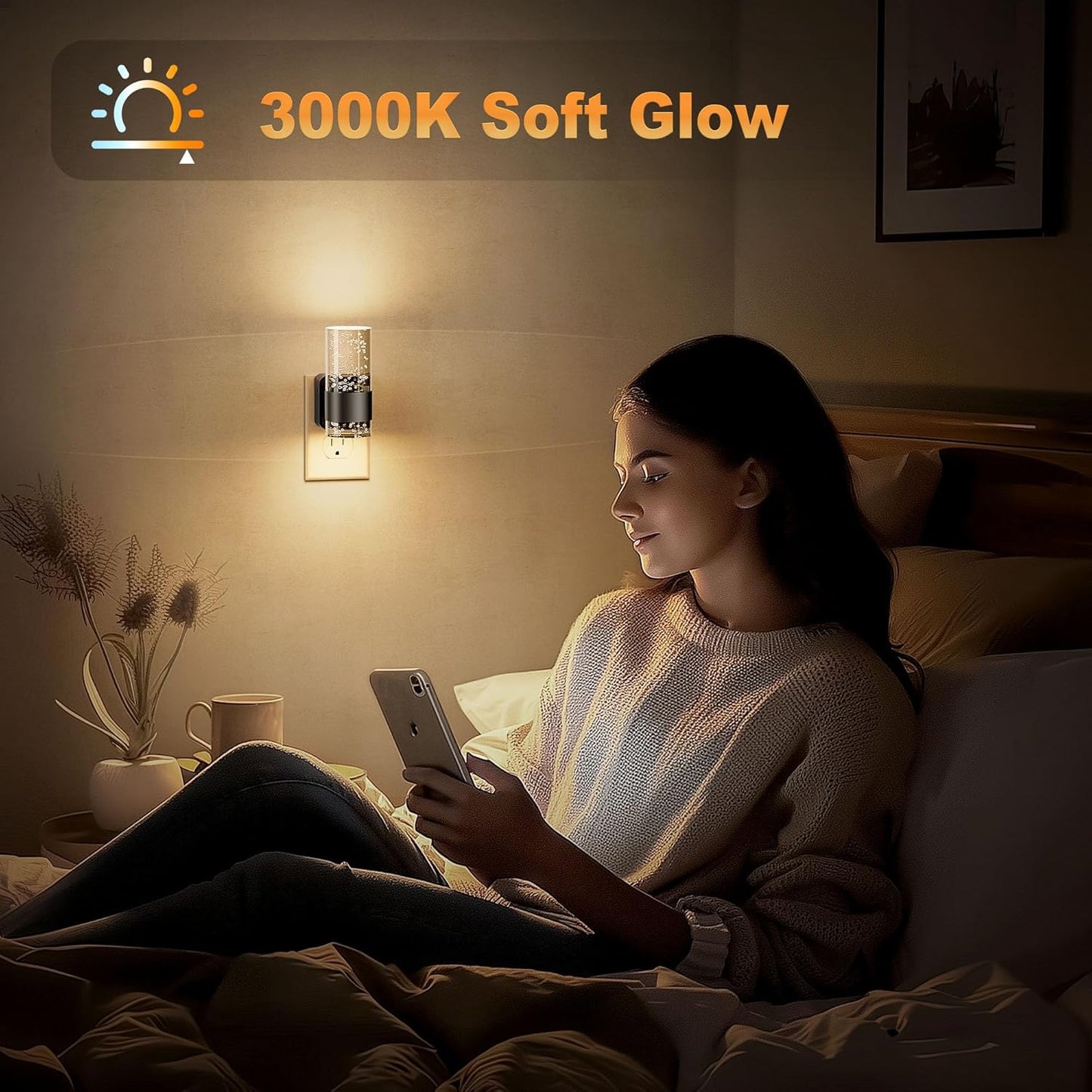 JandCase Night Light, Night Lights Plug into Wall,2 Pack 3000K LED Nightlight with 0-100LM Adjustable Brightness, Automatic Night Light Plug in with Light Sensor for Bathroom Hallway Room Decor