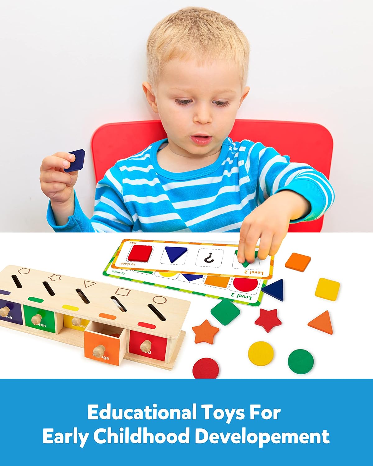 Coogam Montessori Toys Wooden Color Shape Sorting Box Game Geometric Matching Blocks Early Learning Educational Toy Gift for 3 4 5 Year-Old Baby Toddlers