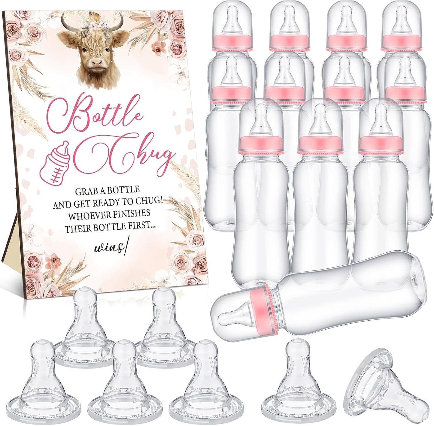 TrelaCo Cool Baby Shower Games Bottle Chug Sign and 12 Pcs Baby Bottle Shower Favor Baby Bottles for Baby Shower Games Gender Reveal (Highland Cow)