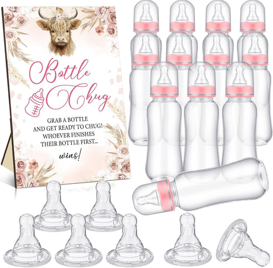 TrelaCo Cool Baby Shower Games Bottle Chug Sign and 12 Pcs Baby Bottle Shower Favor Baby Bottles for Baby Shower Games Gender Reveal (Highland Cow)