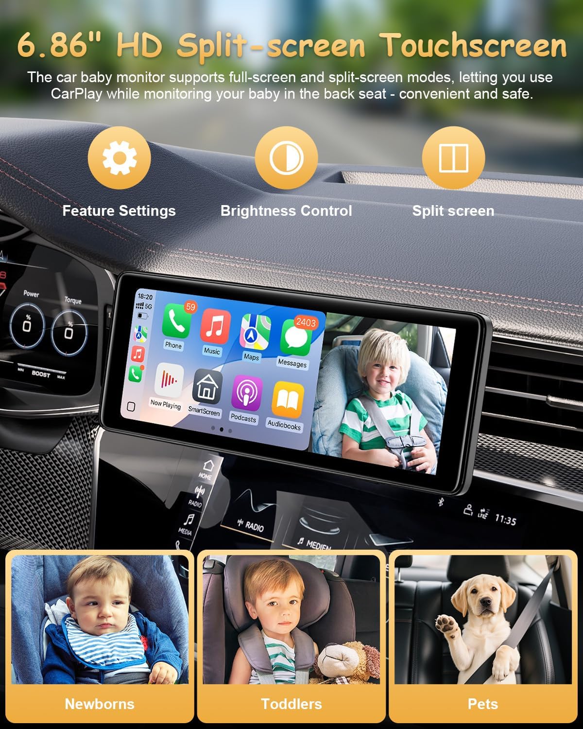 25HOURS YJ1 Baby Car Camera - 6.86" HD Car Baby Monitor Touchscreen with Apple CarPlay, 1080p Ultra IR Night Vision, 150° Wide Angle, Split Screen, 3X Zoom, GPS Navigation,FM,Siri, Plug-and-Play