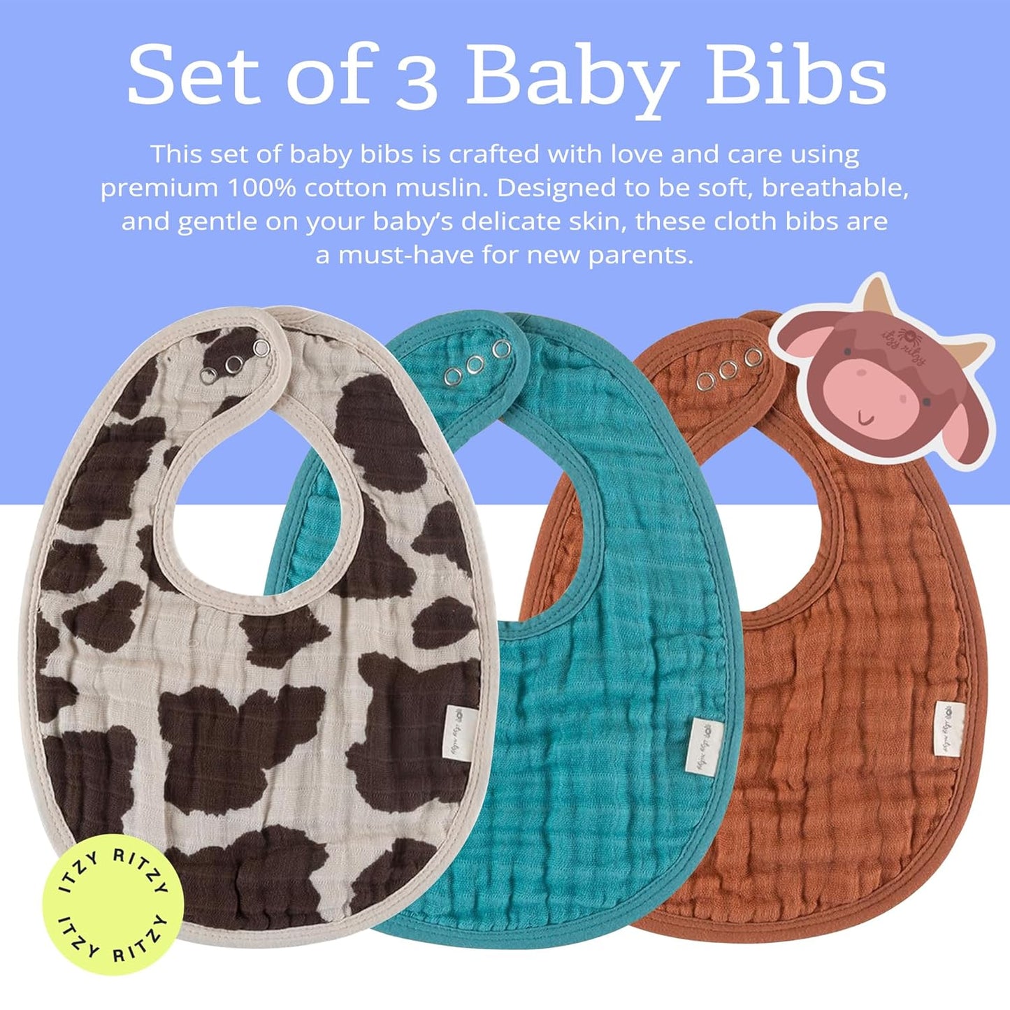 Itzy Ritzy Set of 3 Baby Bibs - Ultra-Soft Adjustable Infant & Toddler Bibs Made of Triple-Layer Cotton Muslin, Ideal for Drooling, Teething, & Eating - 3 Stylish, Coordinating Prints (Cow Print)