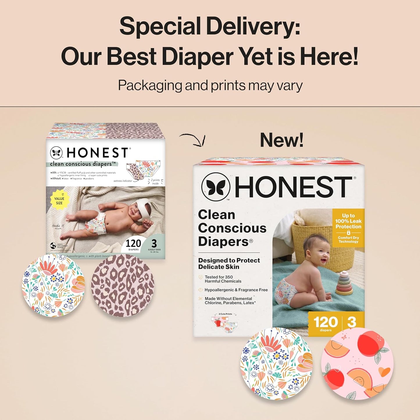 The Honest Company Clean Conscious Diapers for Sensitive Skin, Up to 100% Leakproof Hypoallergenic Fragrance-Free Baby Diapers, Girl Prints, Super Club Box, Size 3 (16–28 lbs), 120 Count (Prints Vary)