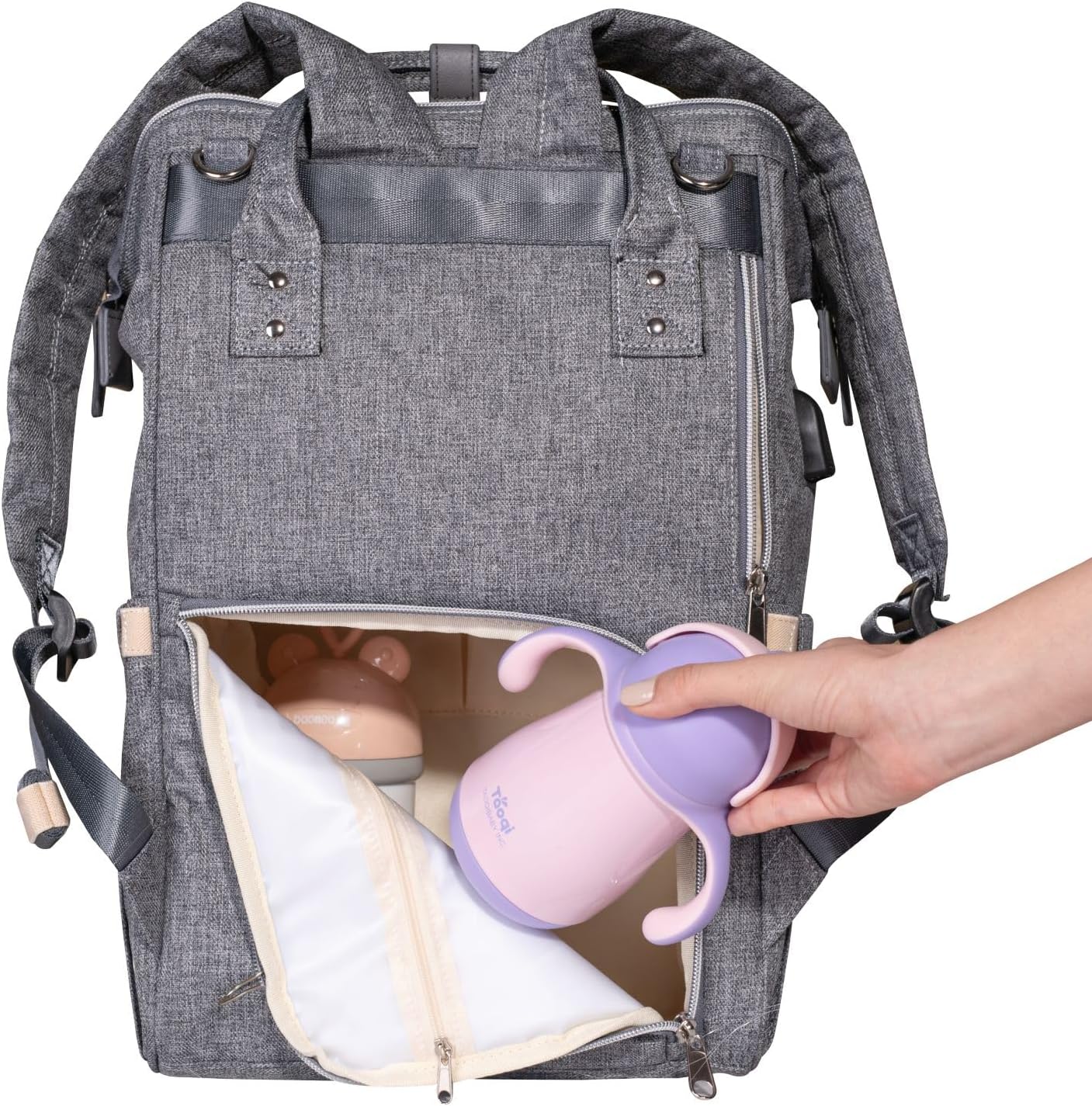 SUNVENO Diaper Bag Backpack Large Capacity Baby-Bag with Changing Pad & Stroller Clips Diaper-Backpack Travel Essentials Nappy Bag Organizer for Baby Care with USB Charging Port, Grey