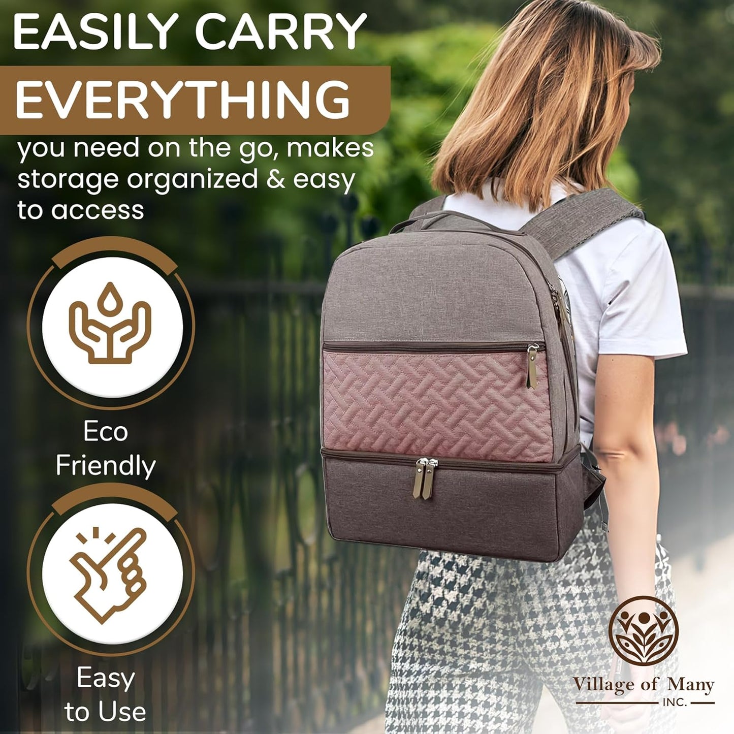 Village of Many Baby Diaper Bag Backpack - Multi-Function Waterproof Baby Bag,Medium Capacity Maternity Backpack with Insulated Pockets-Stylish&Durable Diaper Bag-Unisex, Gifts for Mothers (Rose&Grey)