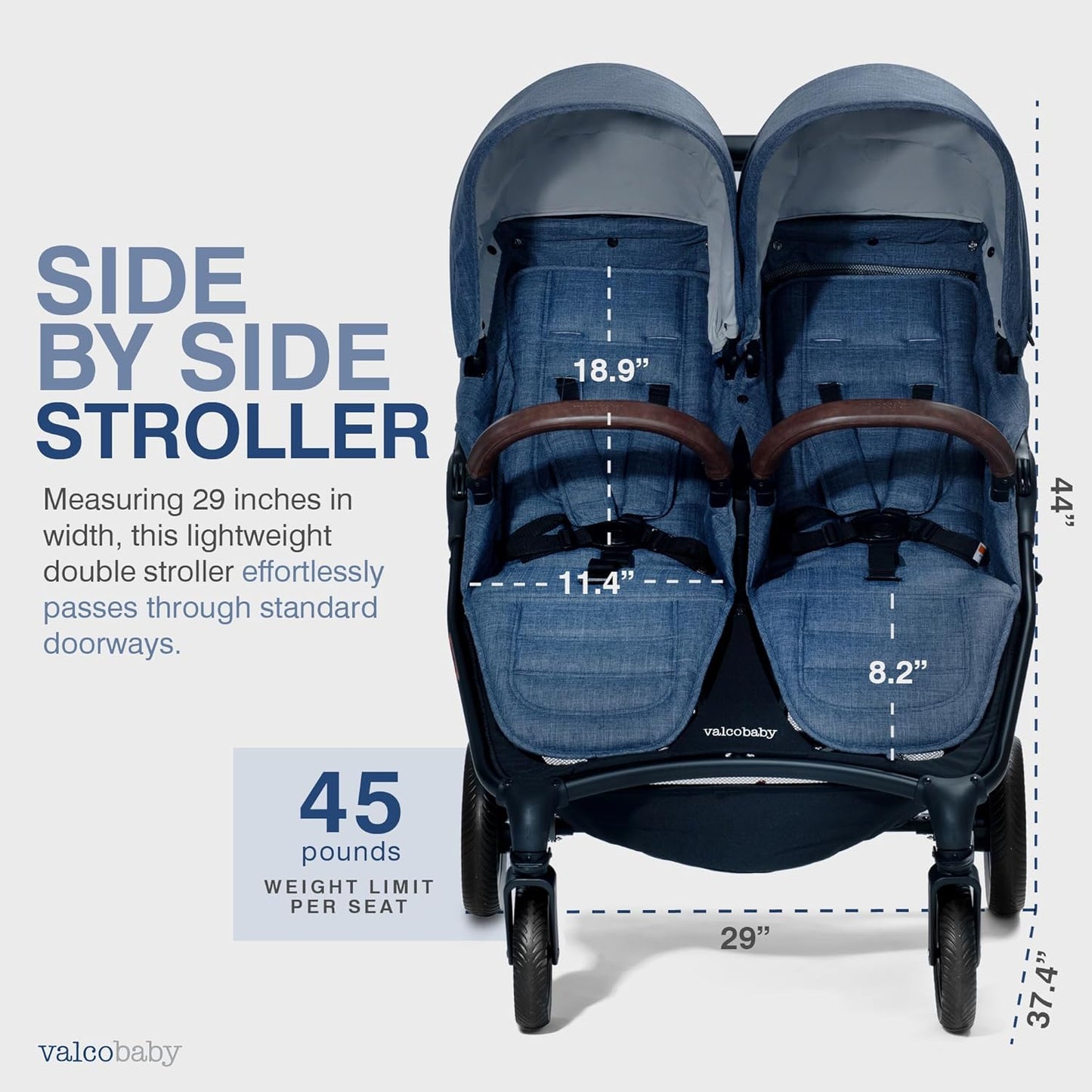 Valco Baby Trend Duo Light Weight Side by Side Double Stroller 2025 (Denim Blue) - Easy and Compact fold, Multi-Position Recline, Large Canopy, Independent Twin Vents and More - Luxurious Twin Pram