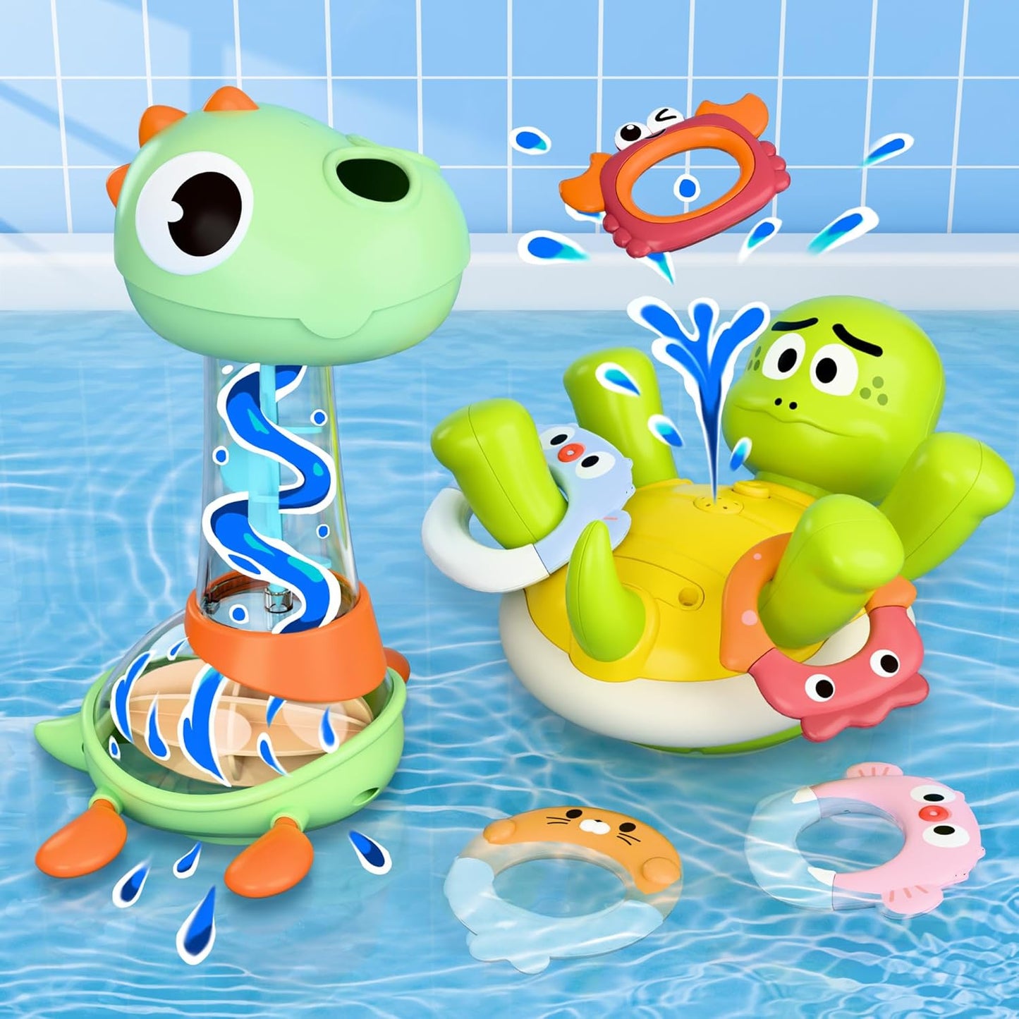 iPlay, iLearn Baby Bath Toy Set, Toddler Bathtub Toy Rechargeable Turtle Sprinkler W/ 5 Rings, Dinosaur Spiral Water Bathtime Shower Summer Birthday Gifts 18 Month 2 3 4 Year Old Kids Boy Girl Infant
