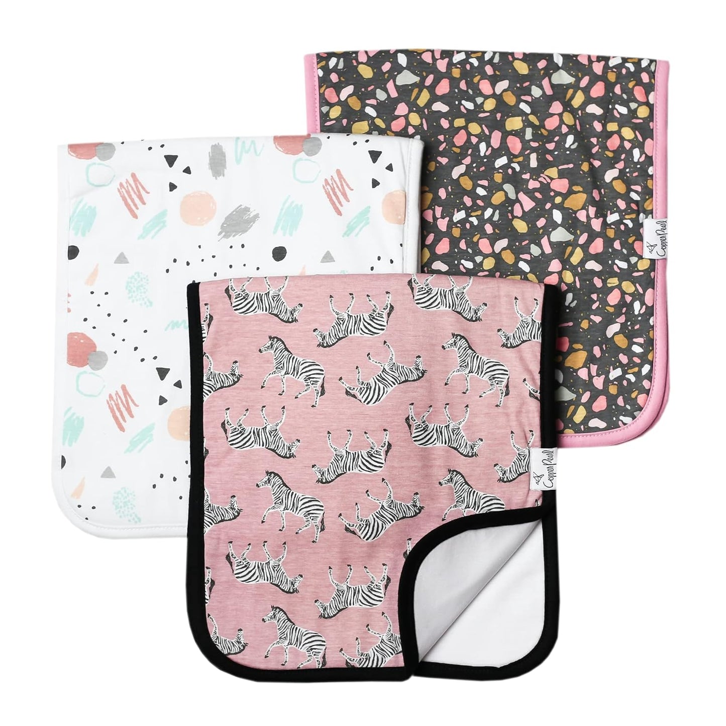 Copper Pearl Premium Baby Burp Cloths - 3-Pack Large Cotton Burp Cloths, Extra Soft Spit Up Rags with 3 Absorbent Layers, Perfect for Baby Boy and Baby Girl Gifts (21" x 10" Size, Zella Set)