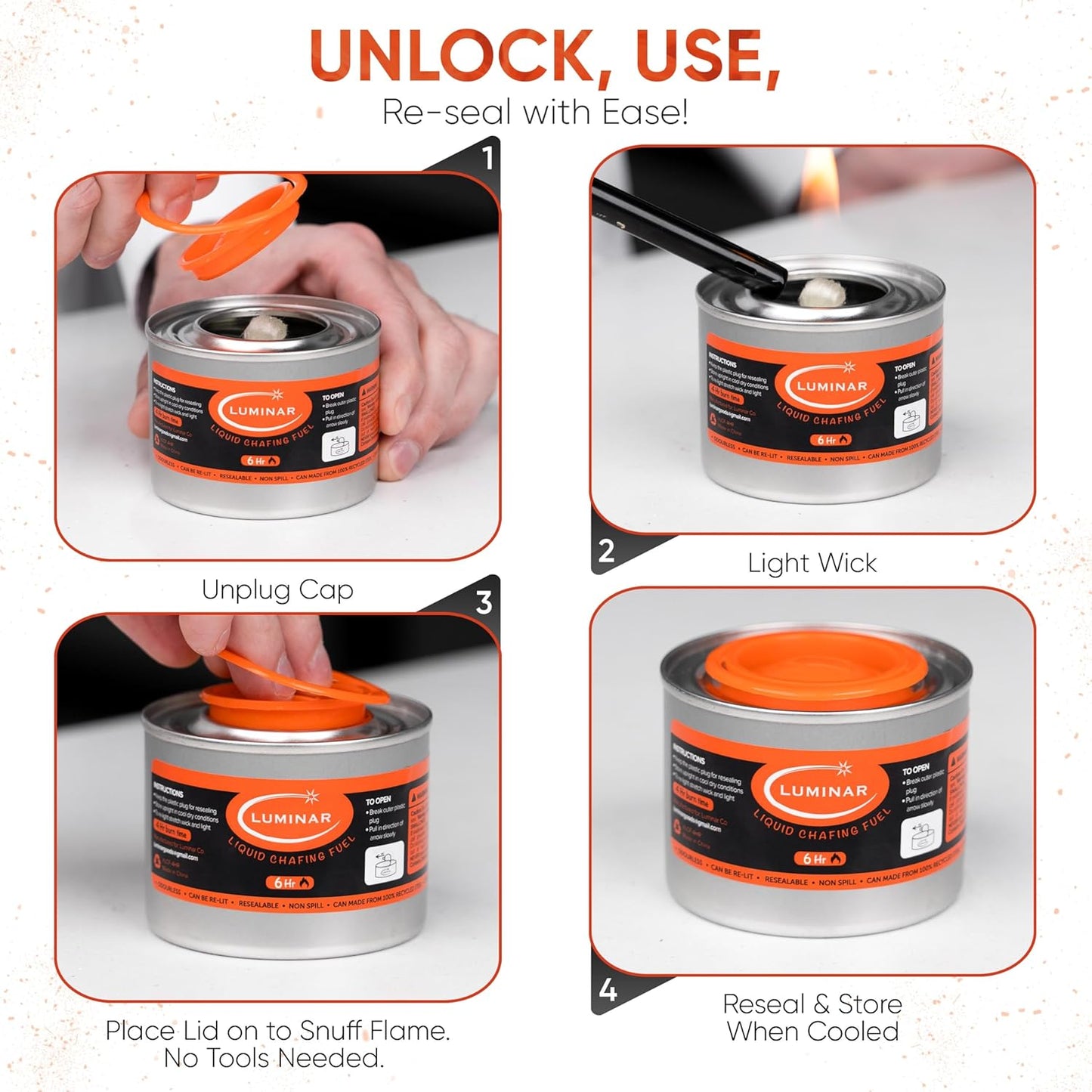 Luminar Resealable-Wick Chafing Fuel Cans, 6 Pack, 6 Hour - Premium Quality Burners for Food Warmers - No More Spills, Waste, or Hassle - Perfect for Convenient, and Long-Lasting Event Catering