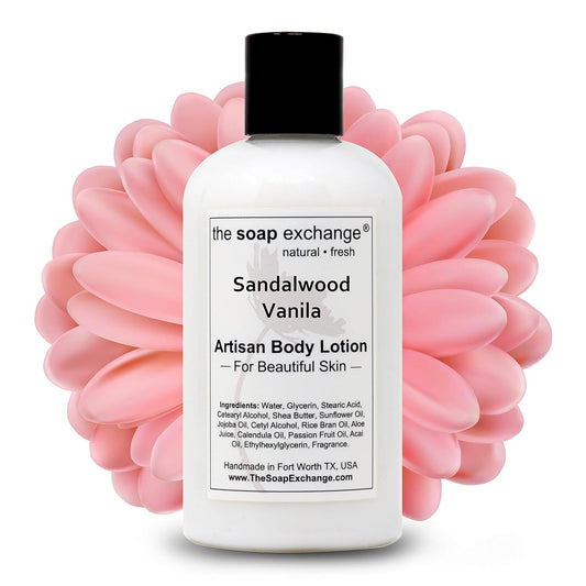 The Soap Exchange Body Lotion - Sandalwood Vanilla Scent - Hand Crafted 8 fl oz / 240 ml Natural Artisan Skin Care for Hand, Face, & Body, Moisturize, Hydrate, & Protect. Made in the USA.