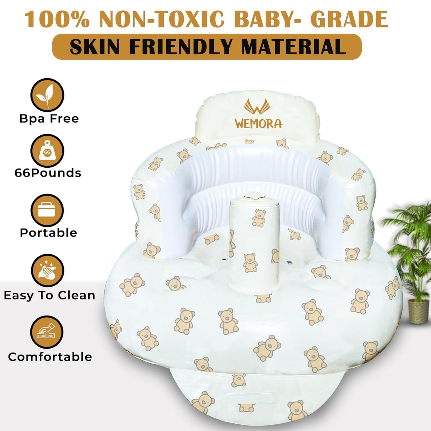 Inflatable Baby Seat for Babies 3-36 Months Blow Up Chair for Babies Infants Toddler Floor Sitting Up with Built in Air Pump (White, Bear.)