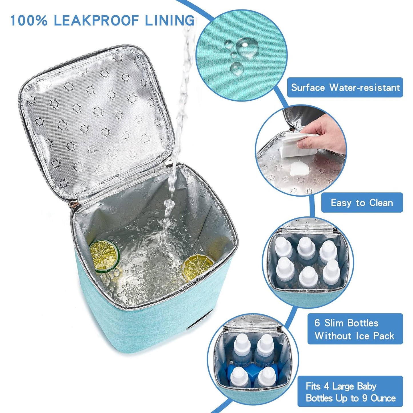 Breast Milk Cooler Bag with Ice Pack Fits 4 Baby Bottles Up to 9 Ounce, Baby Bottle Bag for Nursing Mom Daycare-Aqua