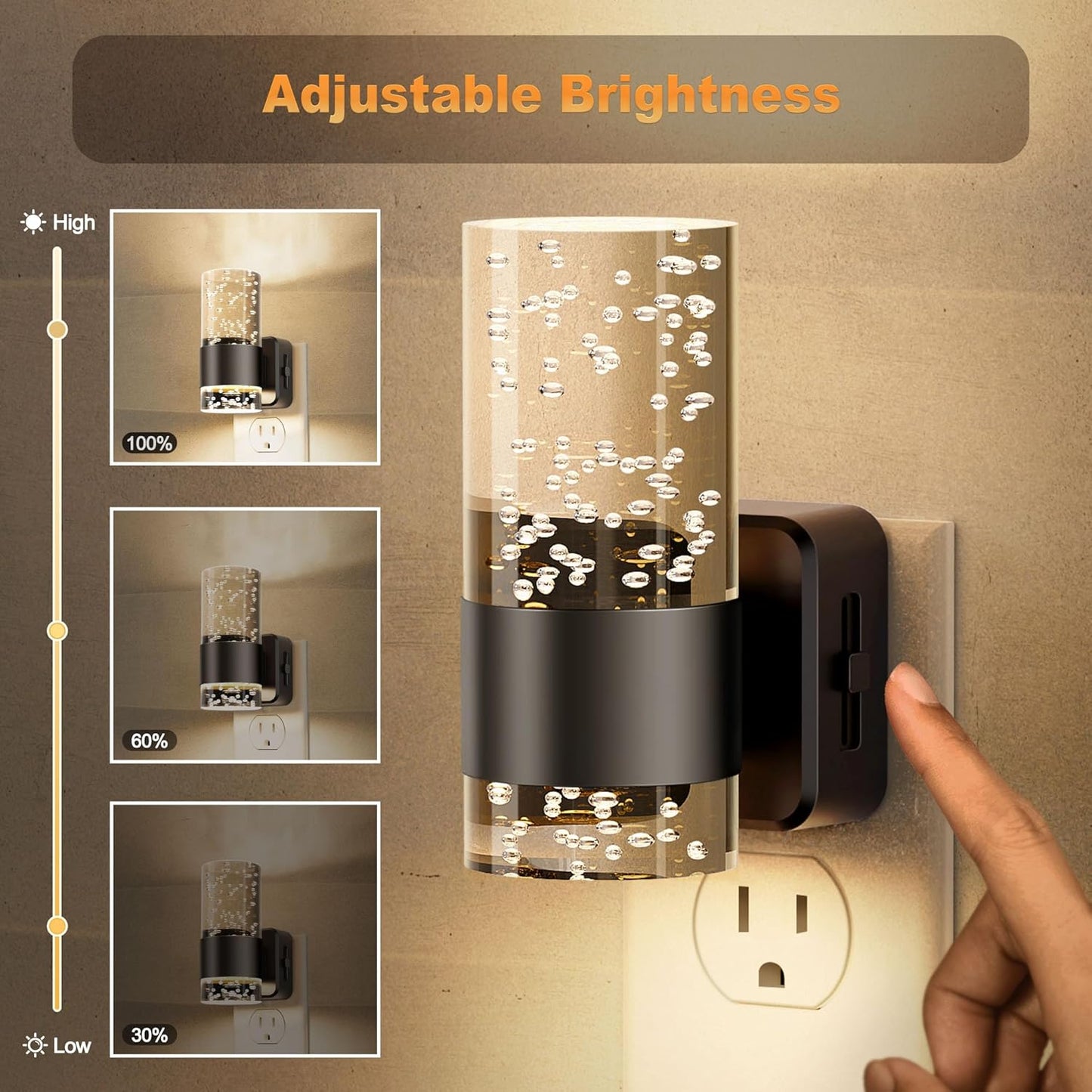 JandCase Night Light, Night Lights Plug into Wall,2 Pack 3000K LED Nightlight with 0-100LM Adjustable Brightness, Automatic Night Light Plug in with Light Sensor for Bathroom Hallway Room Decor
