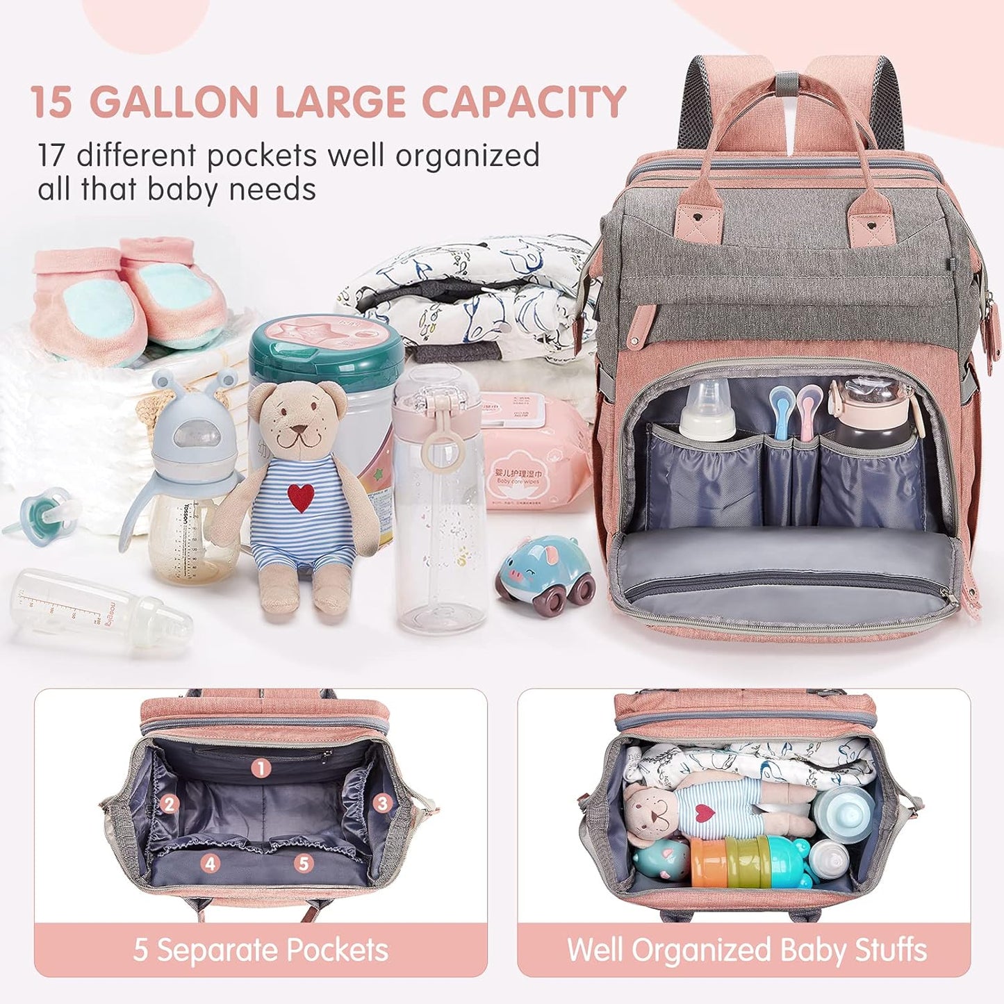 DERJUNSTAR Diaper Bag Backpack – Large Capacity Baby Diaper Bag with Changing Pad, Waterproof Travel Backpack for Boys & Girls, Multi-Function Baby Bag with USB Charging Port, Rose Pink