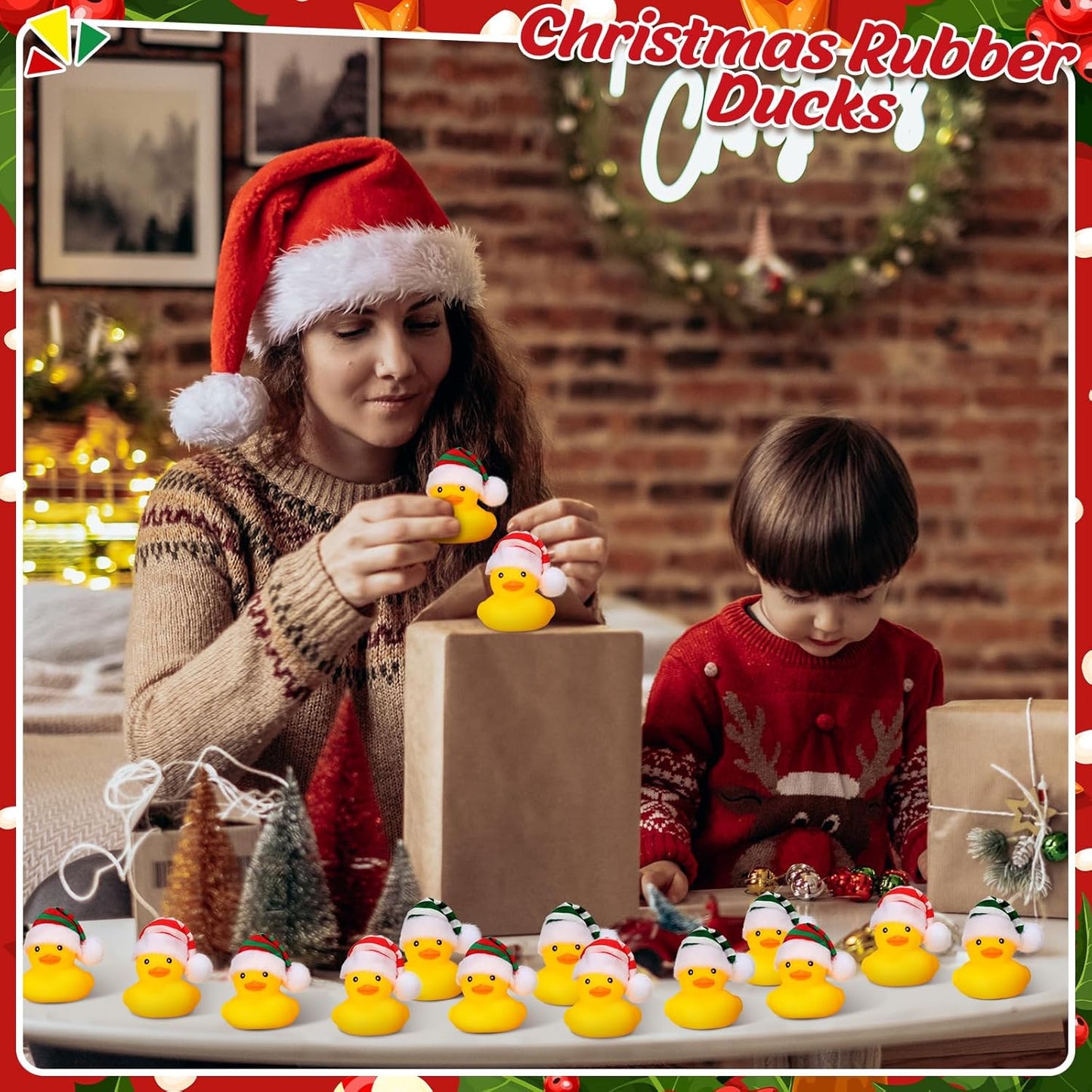 Liliful 24 Pcs Christmas Rubber Ducks with Hat Xmas Mini Rubber Ducks in Bulk Holiday Party Favors Bath Toys for Christmas Party Decor Gift (Striped Hat)