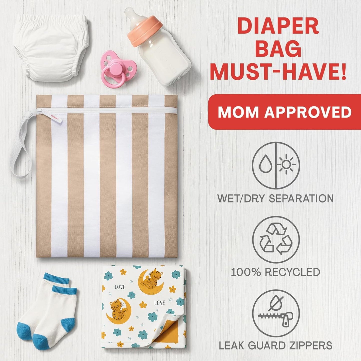 Bodysurf Wet Bag for Swimsuit, Beach, Pool, Gym, Travel, Dirty Laundry - Wet Bags for Baby, Kids, Toddlers, Pump Parts, Cloth Diapers - Reusable Waterproof Striped Makeup & Toiletry Pouch - Sand