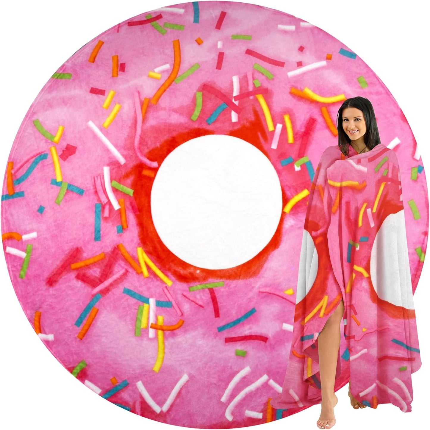Zulay Kitchen Donut Blanket – 60 Inch Round Pink Glazed Throw – Soft 285 GSM Flannel Blanket for Adults & Kids – Cozy, Funny, Novelty Gift for Home, Travel & More