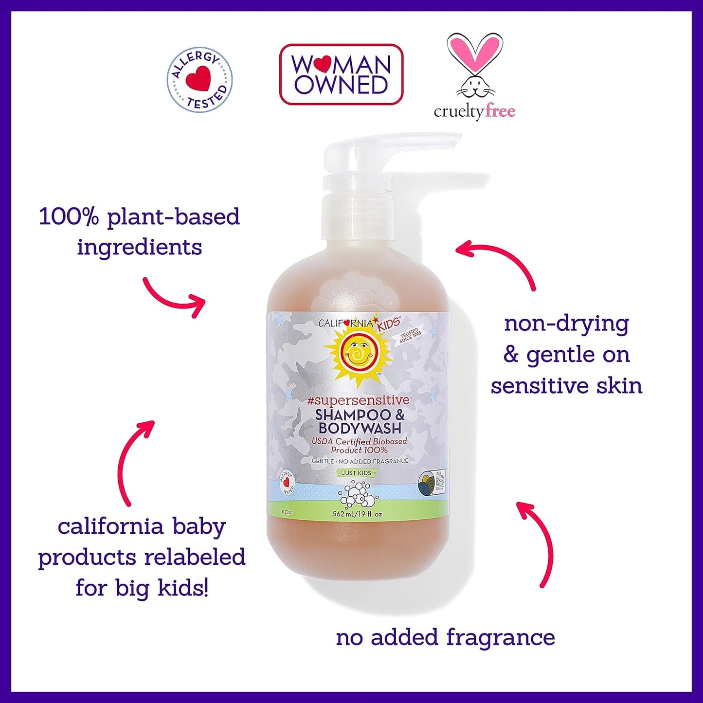 California Kids Shampoo + Kids Body Wash 2-in-1 | Super Sensitive (Unscented) | Gentle Skin Care | 100% Plant-Based | Hypoallergenic | 19 oz.