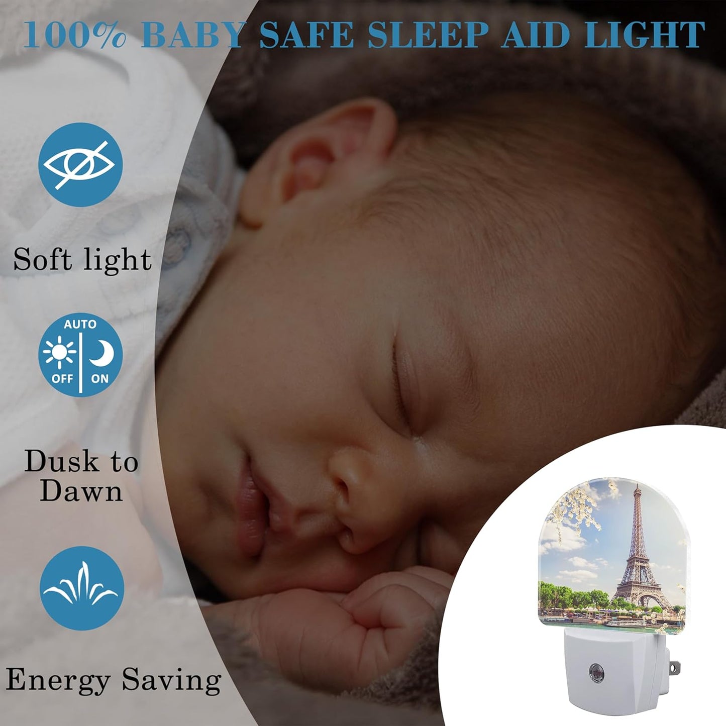Plug in Night Lights Eiffel Tour Over Seine River Nightlight Plug Into Wall Dusk to Dawn Sensor LED Night Light for Kid Girls Boys Room Decor, Hallway, Kitchen, Bathroom, Nursery, Stairs