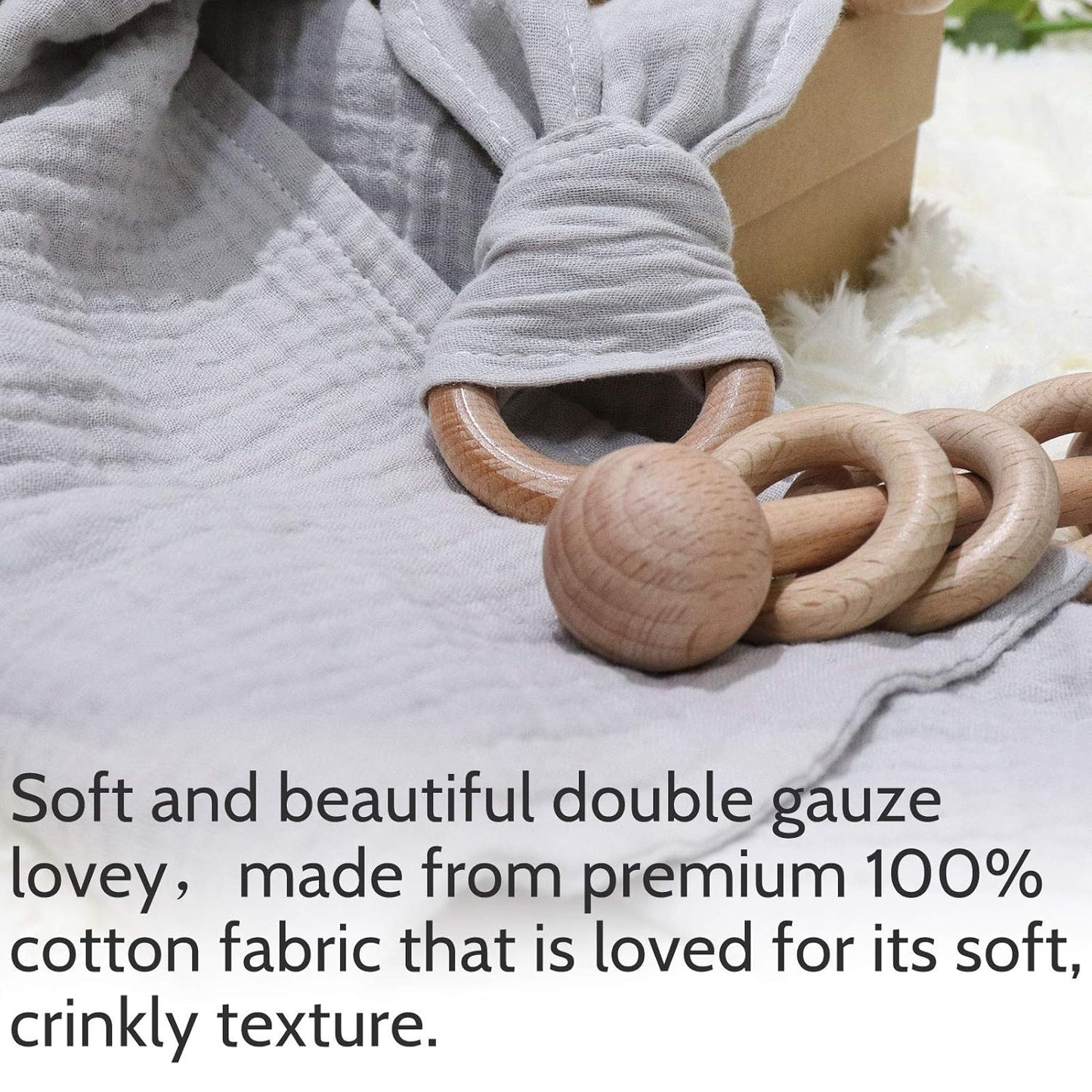 Baby Lovey, Wood Rattle, Teether Ring, 3 Pack Montessori Gift, Gray, Cotton, Double Gauze, Baby Shower, Gender Neutral Gift