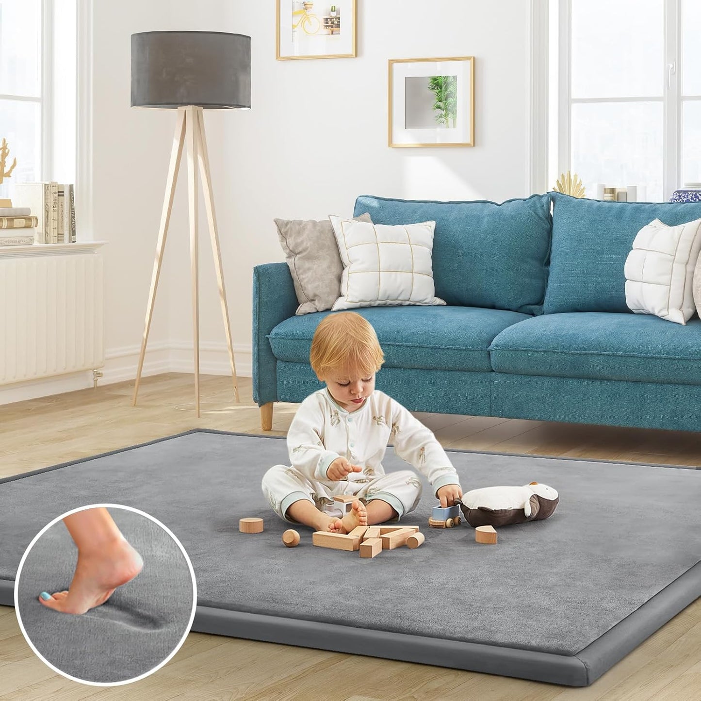 Baby Play Mat for Floor Tummy Time Nursery Rug Muscle Area Rug Playroom Rug Tatami Mat 6'7"x4'11" Memory Foam 1.3" Thick Crawling For Babies,Toddlers, Infants, Kids,Floor Mat(Grey)