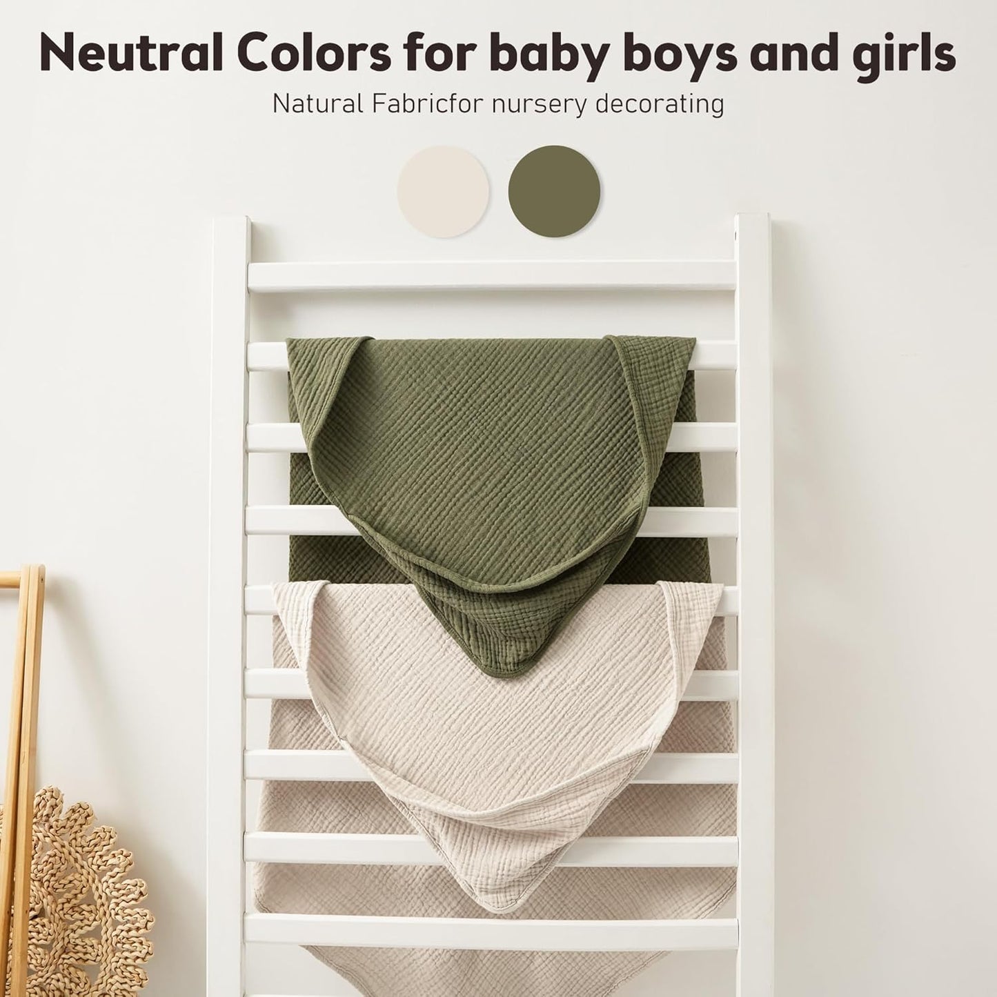 Susurration Hooded Baby Towels for Newborn 2 Pack 100% Muslin Cotton Towel for Babies，Highly Absorbent and Newborn Essential 30x30 Inch Cream&Dark Green