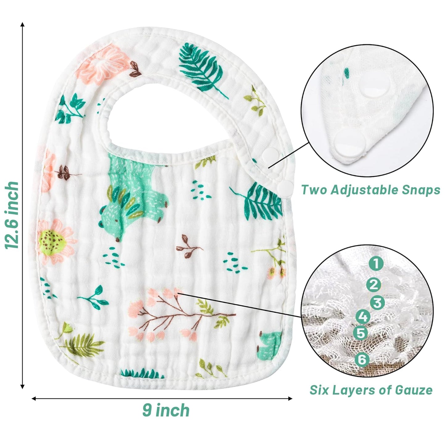 Zainpe 6Pcs Snap Muslin Cotton Bibs for Baby Rainbow Unicorn Flamingo Machine Washable Burp Cloths with 6 Absorbent Soft Layers for Girl&Boy Infant Newborn Toddler Feeding Drooling Teething