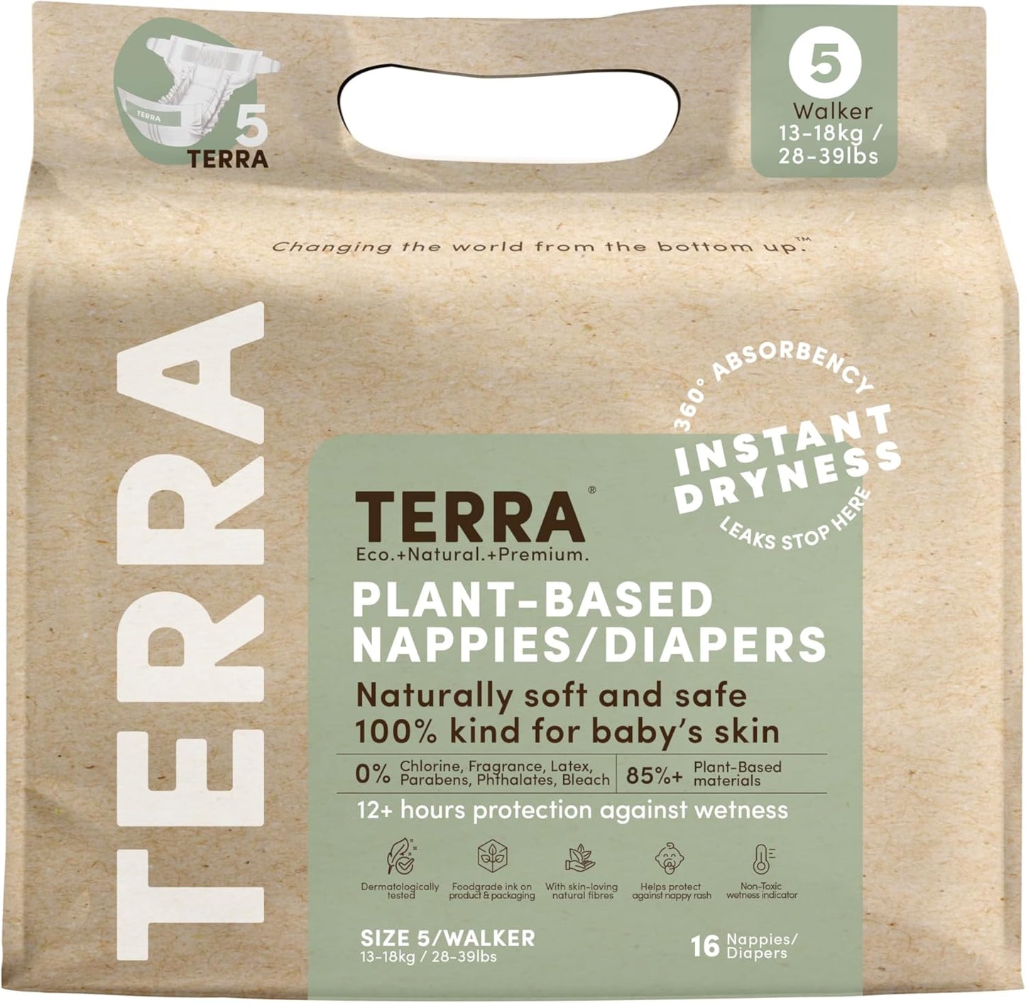 Terra Size 5 Plant-Based Diapers: Ultra-Soft & Chemical-Free for Sensitive Skin, Superior Absorbency for Day or Night, Toddlers 28-39 Pounds, 16 Count