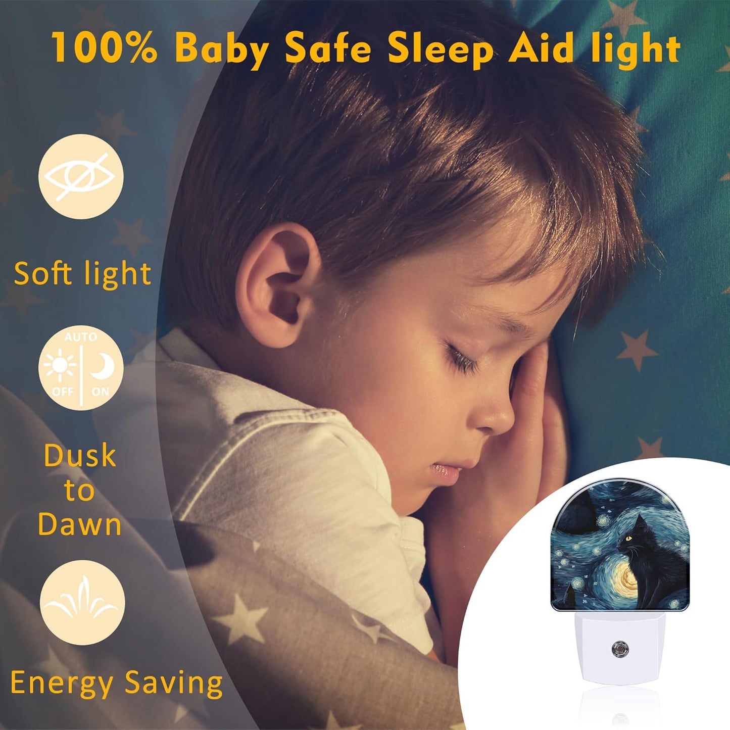 Starry Night Black Cat Night Light Plug into Wall, Abstract Oil Painting Cat Dusk to Dawn Night Light Plug in,0.5w Energy Saving Sleep Friendly Nightlight for Kids Boys Girls Home Decor
