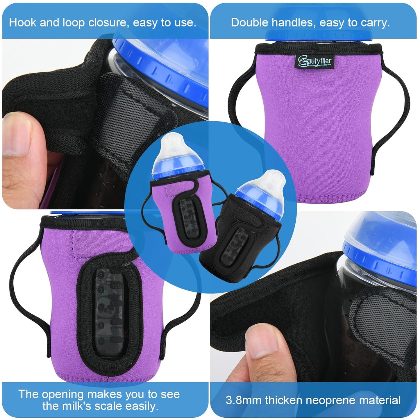 Beautyflier Glass Baby Bottle Sleeve Covers for 9oz Nature Baby Bottles with Dual Handle, 3.8mm Thicken Heat and Cold Retention Baby Bottle Sleeve (Black+Purple)