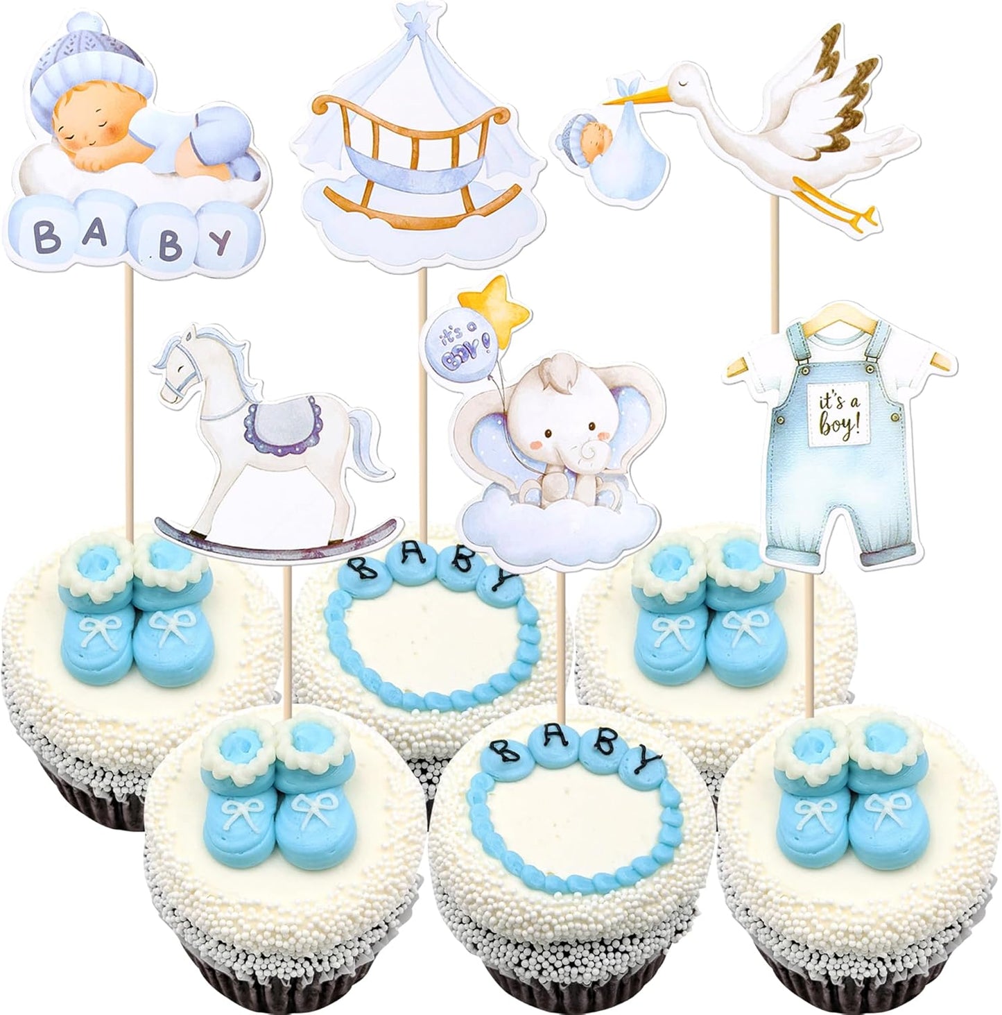 Rsstarxi 36 Pack Baby Cupcake Toppers - Boy Shower Decorations, Swan Elephant 'It's a Boy' Picks for Baby Boys Birthday Party Cake Decorations