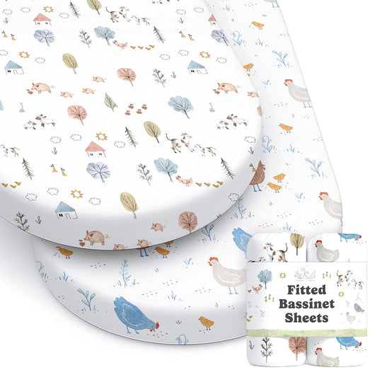Baby Bassinet Sheets for Boy, Girl (Farm Animals) 2-Pack - Fitted Bedside Bassinet Sheets - Buttery Soft Cotton Blend for Standard Mattress Pad - Compatible with Halo BassiNest