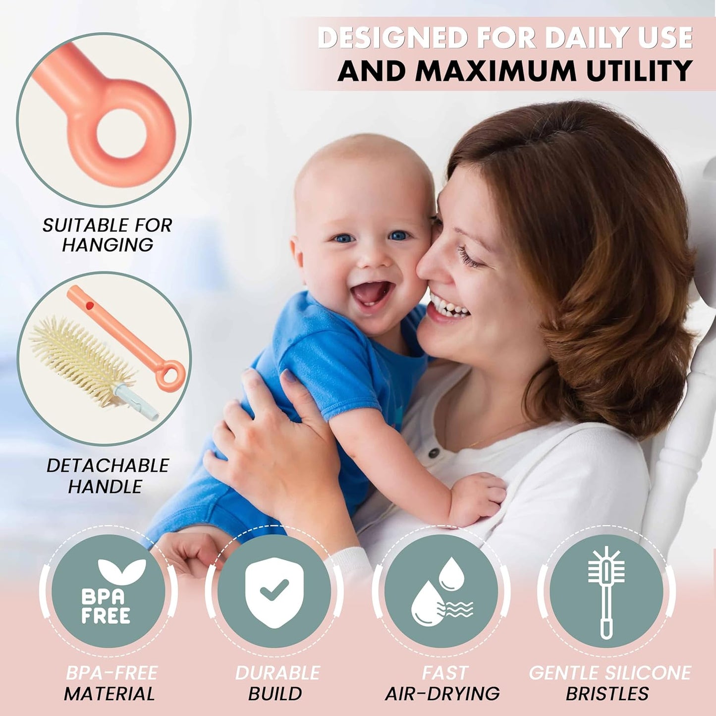 10-in-1 Baby Bottle Cleaner Brush Set – Travel-Friendly Kit with Silicone Bottle Cleaning Brush, Nipple & Straw Brushes, Soap Dispenser, Baby Bottle Drying Rack, Portable Bottle Cleaning Kit