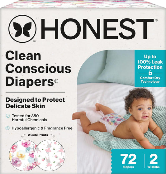 The Honest Company Clean Conscious Diapers for Delicate Skin, Up to 100% Leakproof Hypoallergenic Fragrance-Free Baby Diapers, Girl Prints, Club Box, Size 2 (12–18 lbs), 72 Count (Prints May Vary)