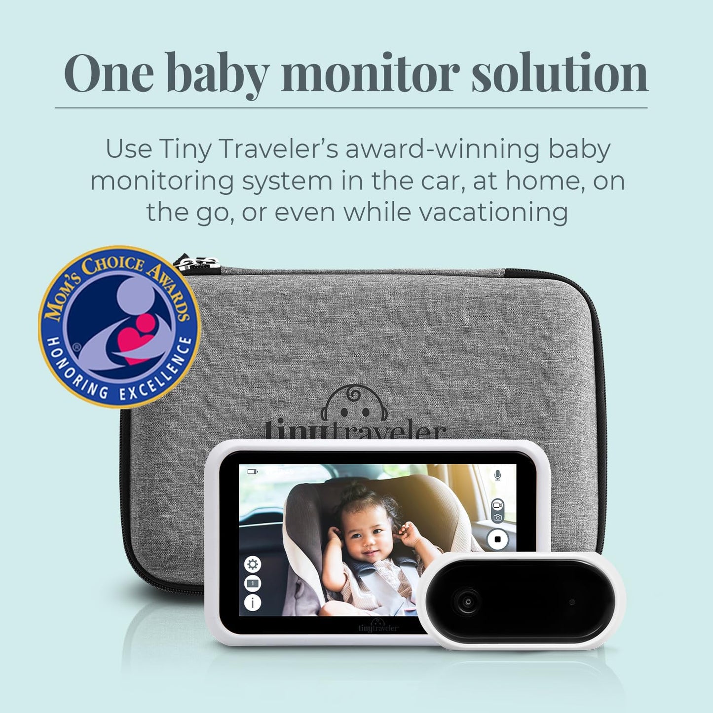Tiny Traveler Baby Monitor Portable Baby Car Camera with Add-On Camera & Travel Kit, Night Vision HD 720p 5" Touchscreen, Battery Powered, Split-Screen, Travel Pouch Included - White