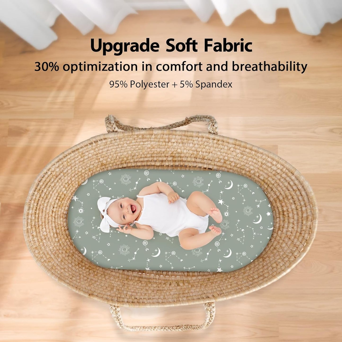 Baby Bassinet Sheets Girl Boy, Fitted Bassinet Sheet Set 3 Pack Bassinet Mattress Sheets Universal Fit for Rectangle, Round, Oval, Hourglass Mattress, Soft Breathable Green Gray Constellation