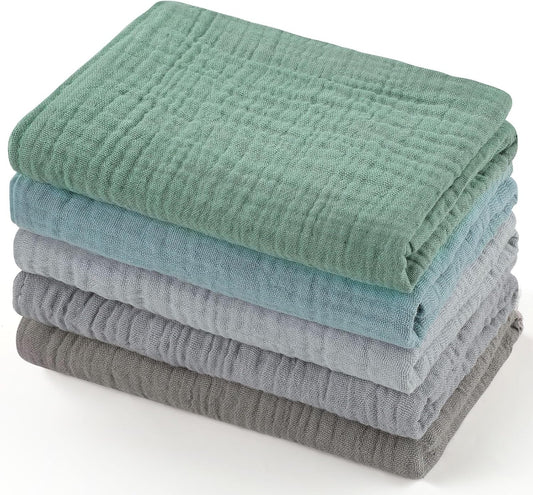 MUKIN Baby Washcloths,Muslin Burp Cloths Towels for Newborns,Absorbent Cotton Bath Face Towel ，5 Pack, 12x12 Inches (Coastal Calm)