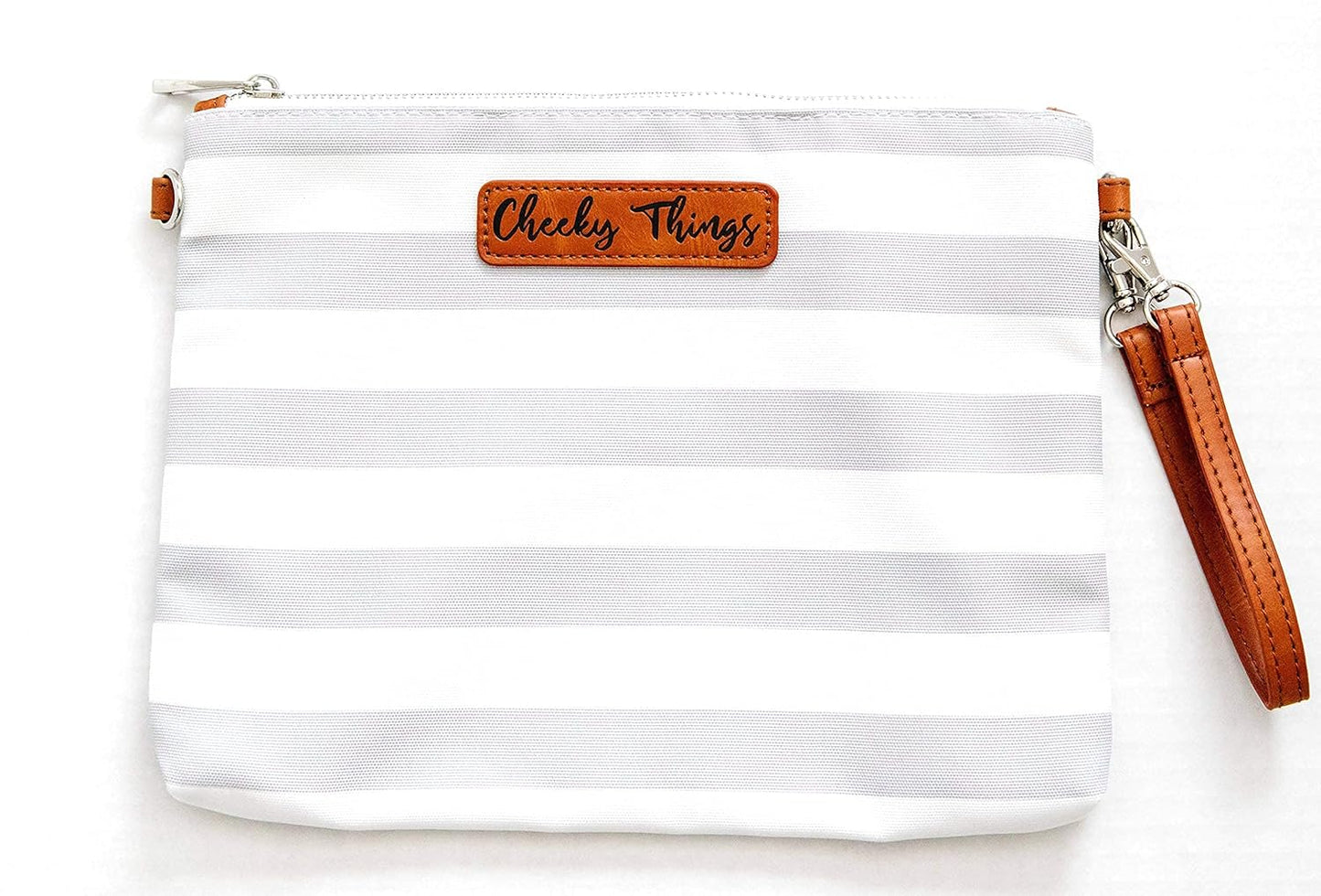 Stylish Diaper Bag Organizing Pouches - XL Set of 4 Gray and White Striped Canvas Diaper Bag Pouches with Leather Embossed Labels, Leather Wristlet Strap & Durable Metal Zippers