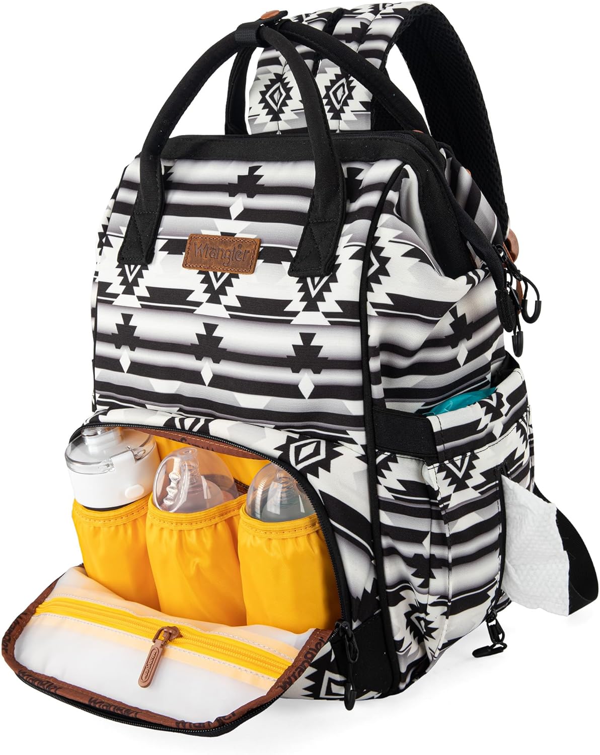 Wrangler Aztec Backpack Organized Daypack Travel Baby Bag with Stroller Strap and Side Bottle Pockets WG2204-9110BK