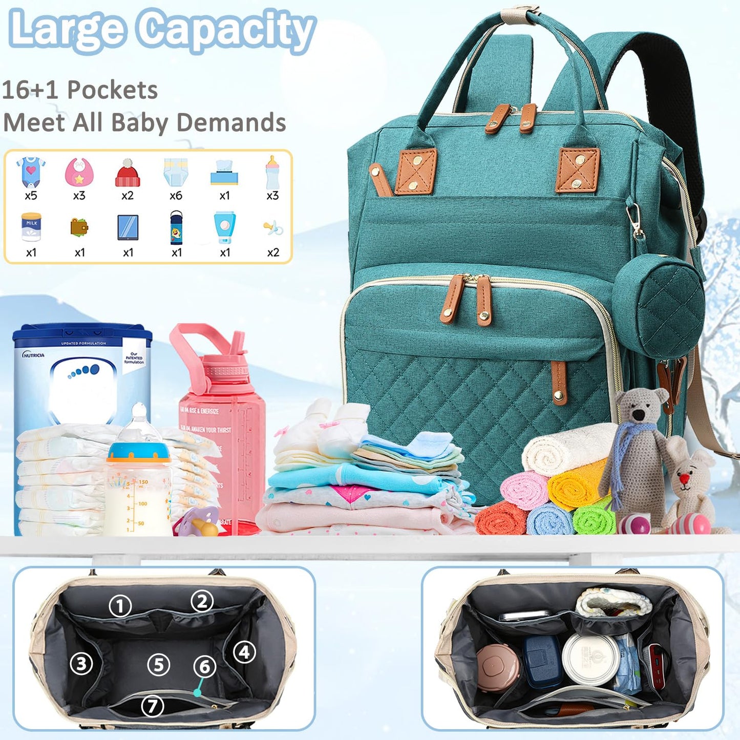 Diaper Bag Backpack Baby Bag, Baby Girl Boy Diaper Bag for Dad Mom with Pad, 16 Pockets, Pacifier Case, Large Diaper Bags Unisex for Travel (Green)