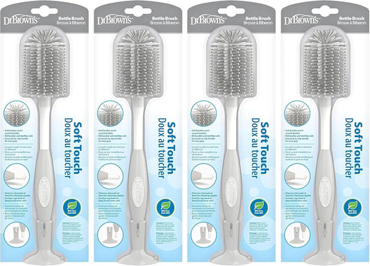 Dr. Brown's Soft Touch No Scratch Baby Bottle Cleaning Brush, Nipple Cleaner & Suction Cup Base for Easy Storage, BPA Free, Gray (Pack of 4)