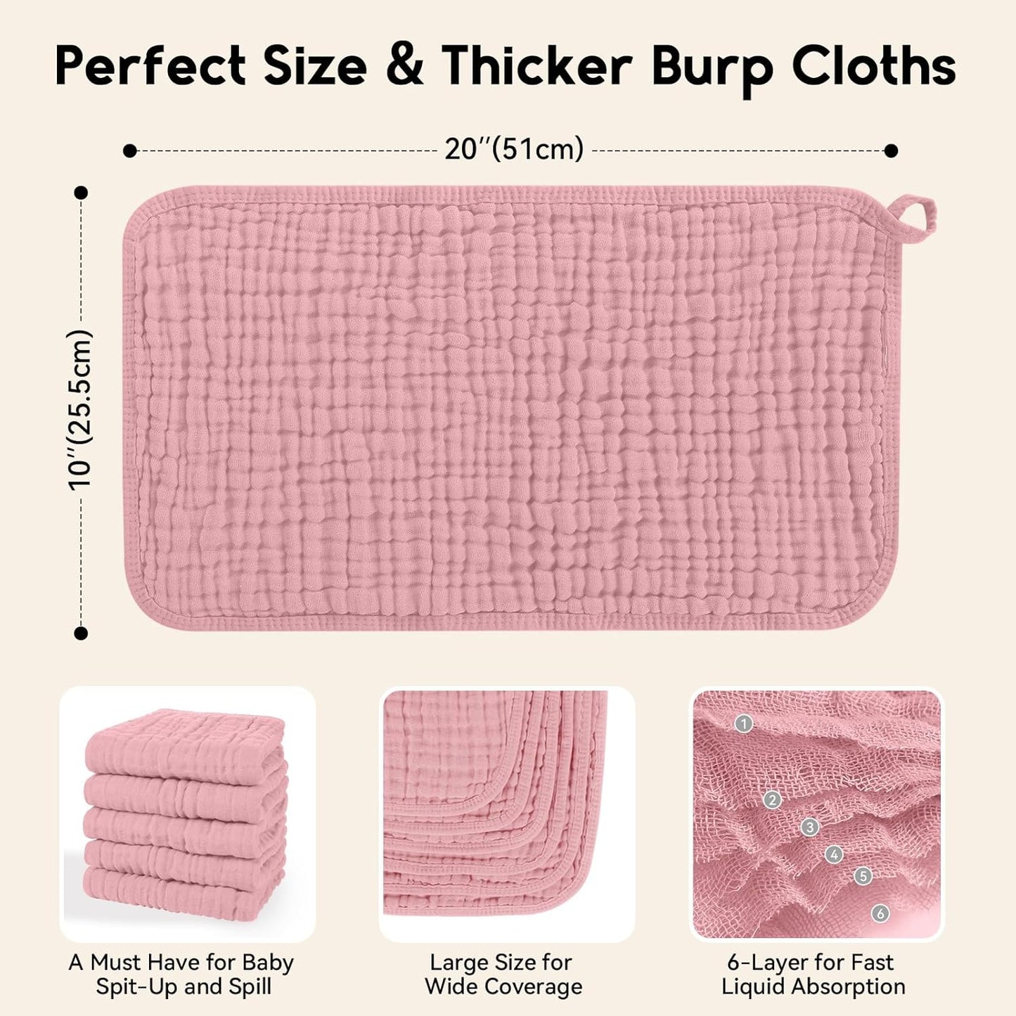 Muslin Burp Cloths for Baby 100% Cotton Burping Cloths for Boys Girls Large 20''X10'' Extra Soft and Absorbent 12 Pack - Bean Paste