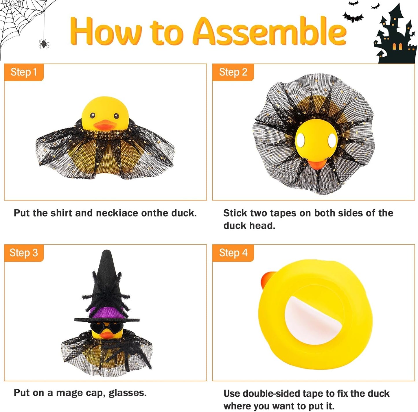 wonuu Car Dashboard Spider Witch Rubber Ducks for Halloween, Decorations Duck for Office Desk Ornament Accessories with Hat Glasses Skirt, for Halloween Party Gifts (Gold Point Skirt Black)