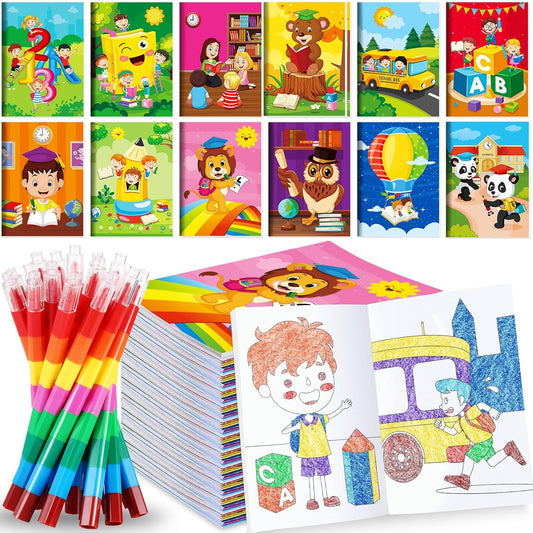 BenLouis 12 Preschool Kindergarten Mini Coloring Books Kids with 12 Stacking Crayons Graduation Party Favors Small Activity Books Bulk for Kids Birthday Return Party Gift Goodie Bag Stuffers
