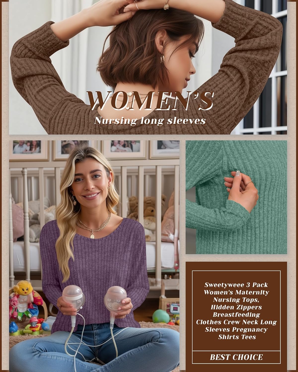 3 Pack Women's Nursing Long Sleeve Tops Breastfeeding Thermal Sweaters with Hidden Zipper Maternity Ribbed Shirts