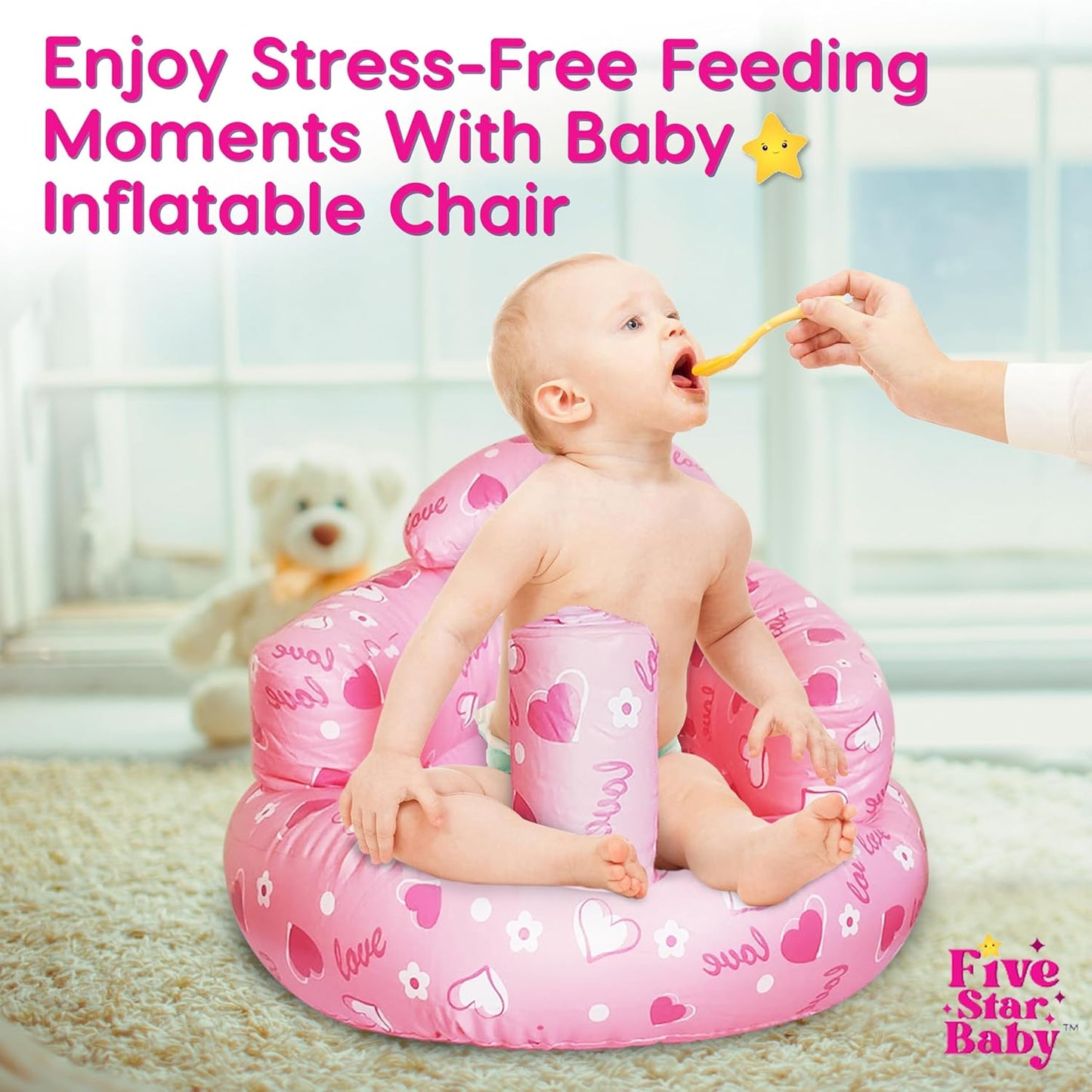 Inflatable Baby Sit-Up Seat – Portable Floor Chair for Sitting Support – Soft Baby Chair for Infants 3–12 Months – Travel-Friendly, Lightweight, Easy to Inflate & Store (Pink)