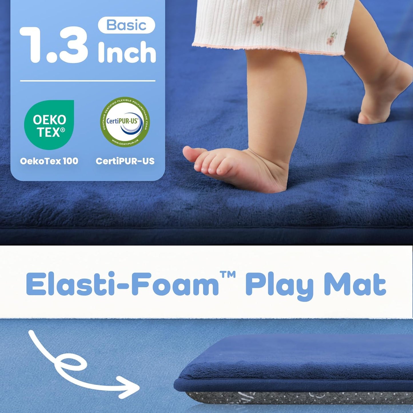 1.3" Thick Baby Floor Play Mat 50x50, Basic Padded Foam Mat for Tummy Time Crawling, Non Slip Cushioned for Babies Toddlers Infants Kids (Blue)