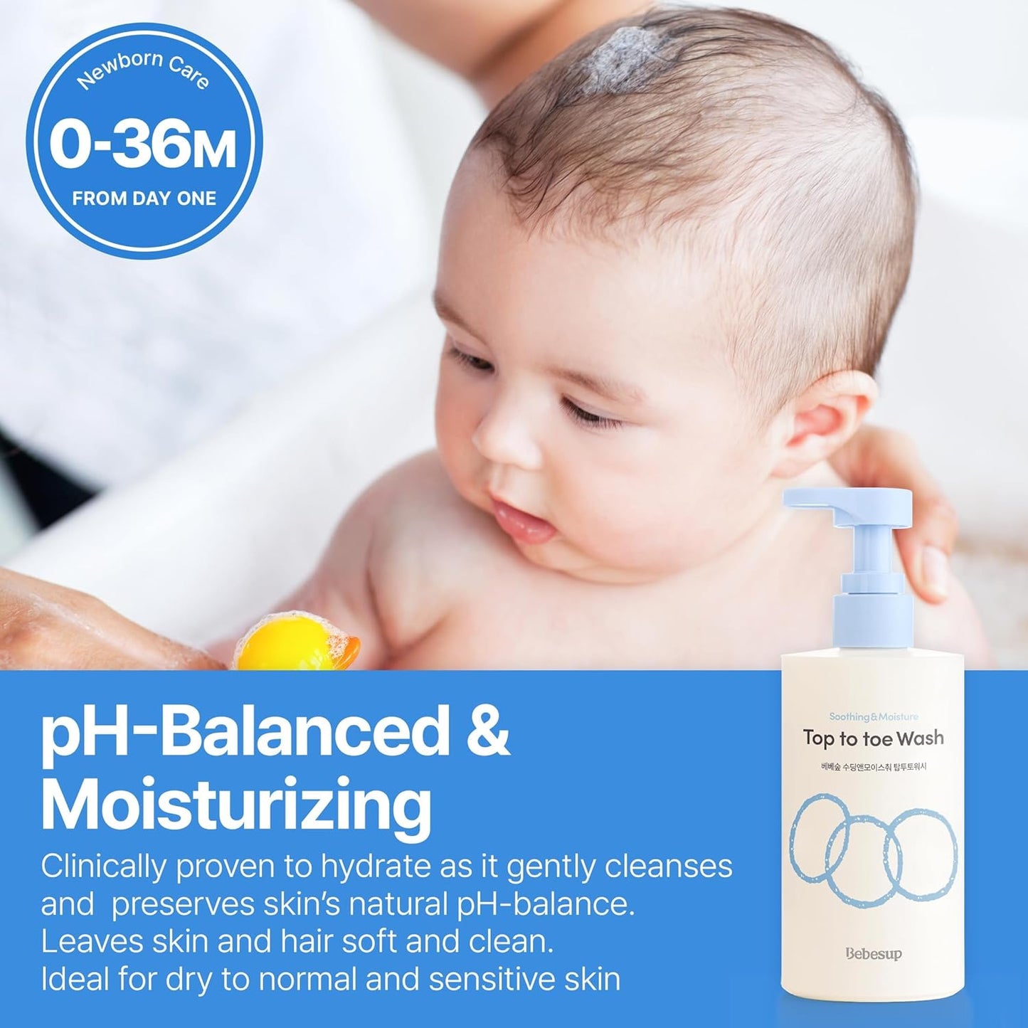 BEBESUP- Head to Toe Wash Baby Shampoo | Korean Skincare for Sensitive & Atopic Skin Organic Rice Cera Biome Hypoallergenic Coconut-Derived Cleanser Head to Toe Use 10.14 fl oz