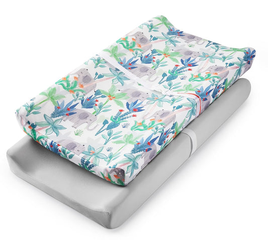 TILLYOU Baby Changing Pad Cover, Changing Table Cover for Girls Boys, Ultra Soft Breathable, 2 Pack Rainforest Elephant & Grey